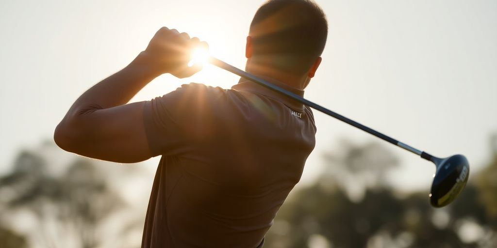 Golfer mid-swing, powerful athletic motion