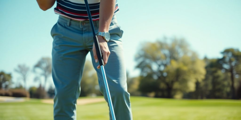 Beginner golfer prepares to swing a golf club.