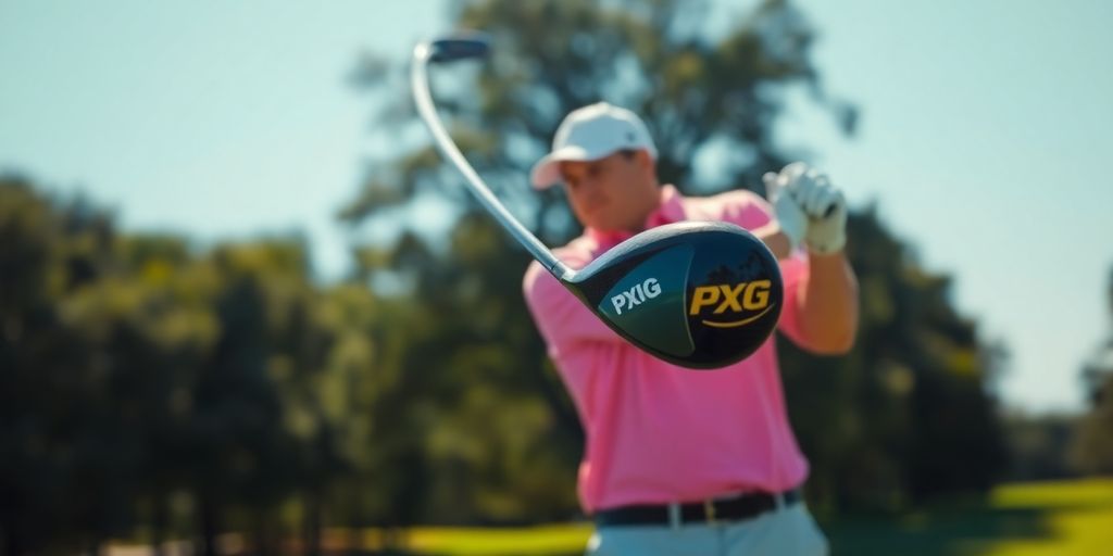 Golfer swinging a PXG golf club on a green.