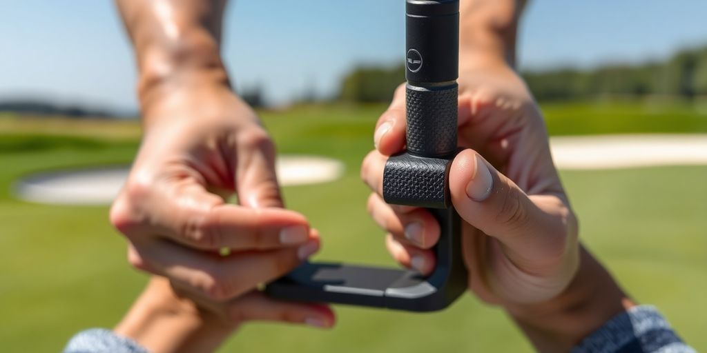 Putter grip close-up, golf course background.
