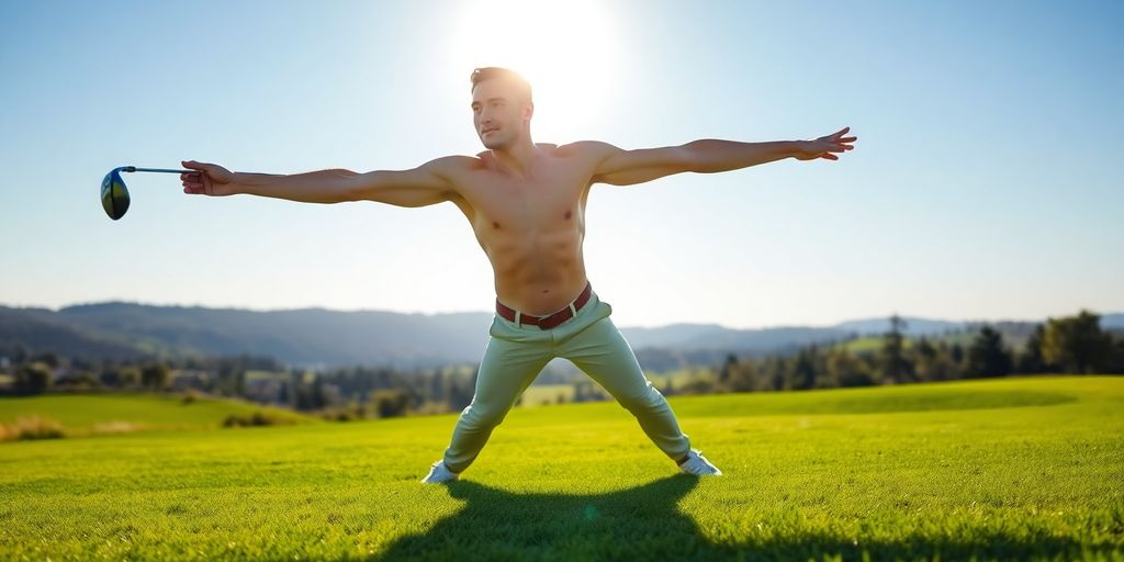 Golfer stretching, dynamic pose, scenic course background.