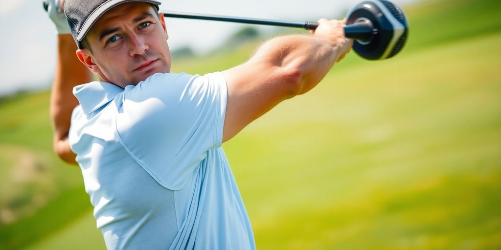 Golfer swinging club powerfully, blurred motion