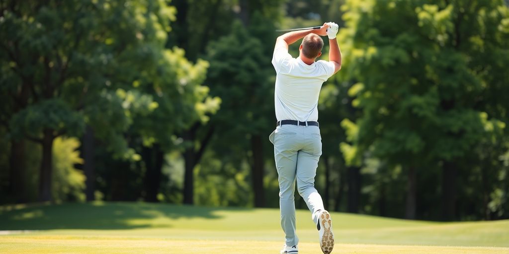 Golfer mid-swing on green.