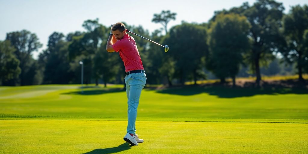 Man powerfully swinging golf club on green.