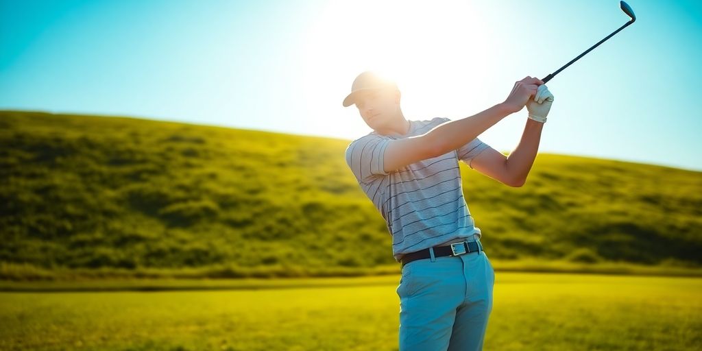 Man swinging golf club on green course
