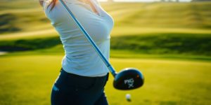 Female golfer swings PXG club on a sunny course.