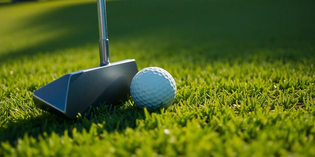 Golfer putting on green, ball near hole.