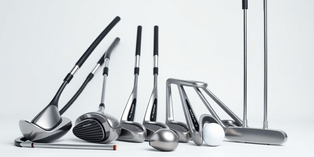 Left-handed golf club set with driver, irons, and putter.