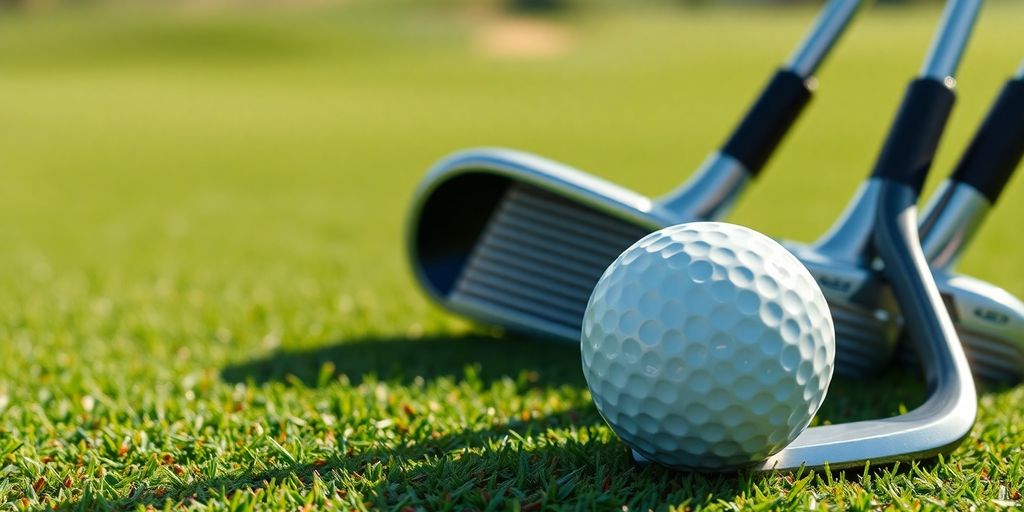 Sleek golf clubs and balls on a pristine green.