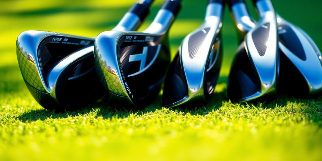Shiny new golf clubs on a green.