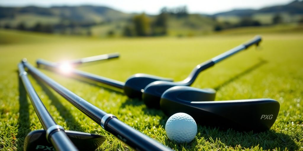 PXG golf clubs on a green course.