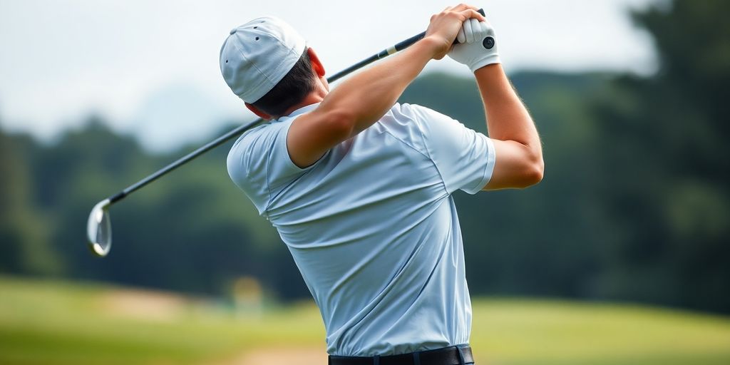 Golfer performing a powerful swing with a club.