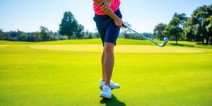 Golfer mid-swing, focus on body rotation.