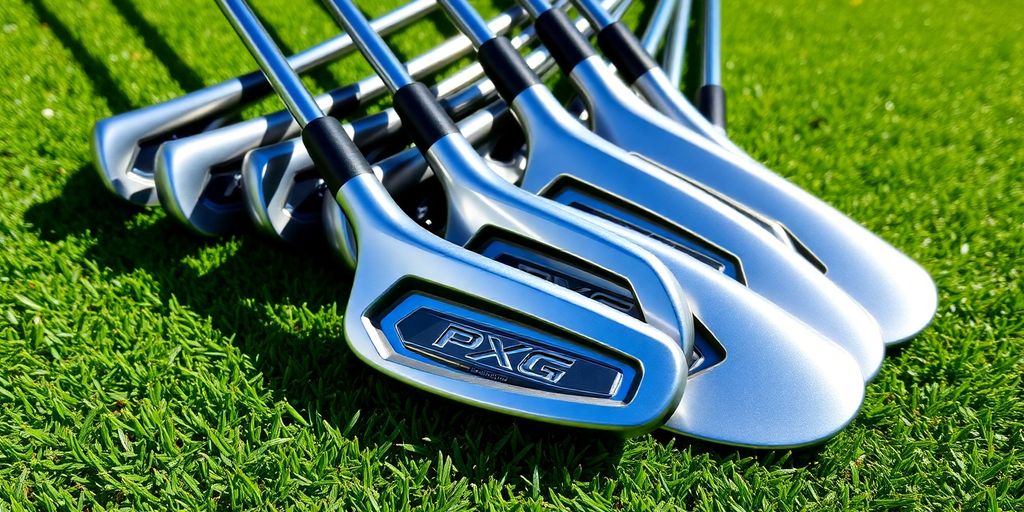 Used PXG golf irons perfectly arranged on a green.