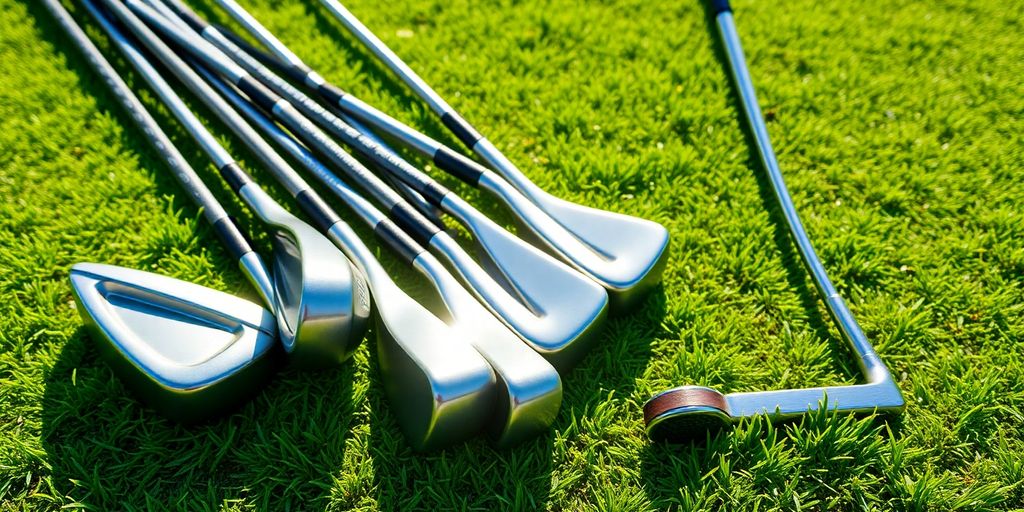 Left handed golf club set on green grass.