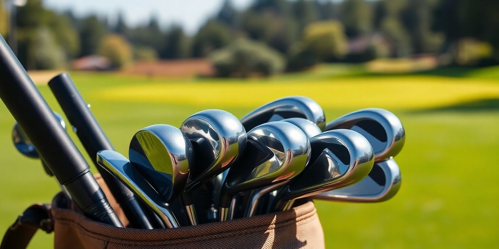 Used golf clubs in a golf bag on a green.