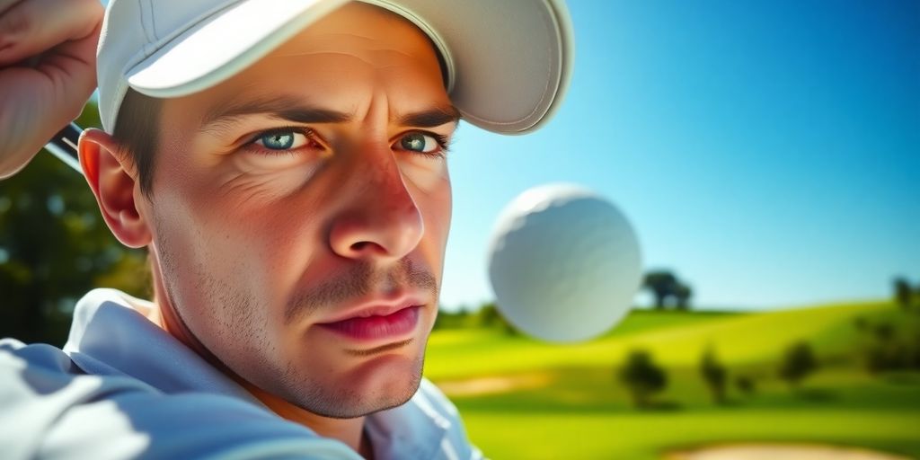Golfer concentrating on green, golf course background.