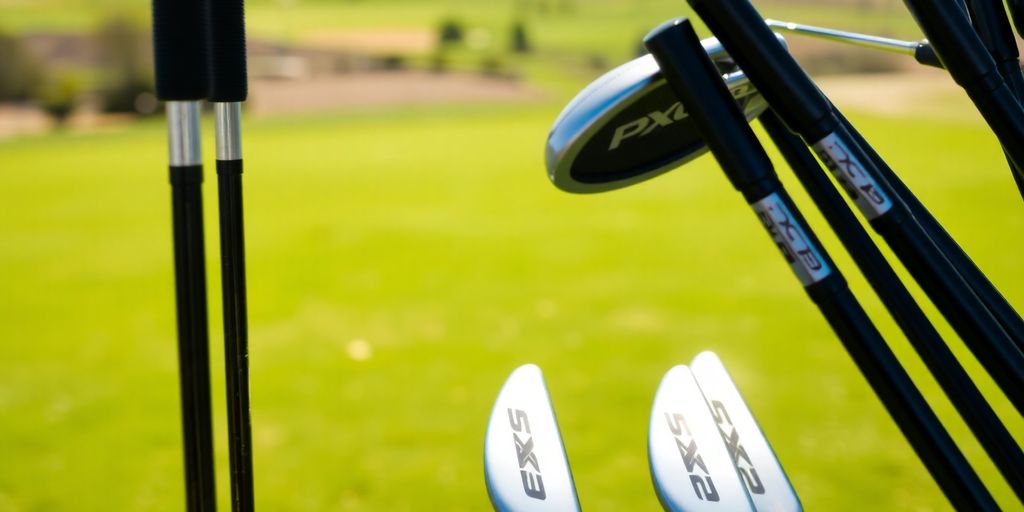 Full set of shiny PXG golf clubs.