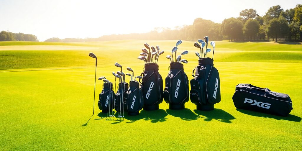 PXG golf clubs and bags on a sunny course.