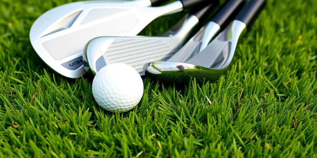 Golf clubs and a golf ball on green grass.