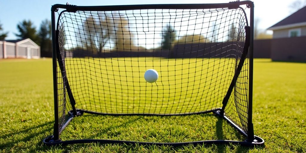 Golf practice net with durable frame and netting.