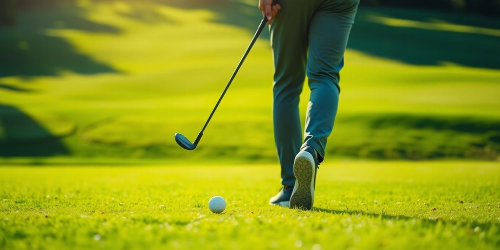 Golfer swinging a club on a green course.