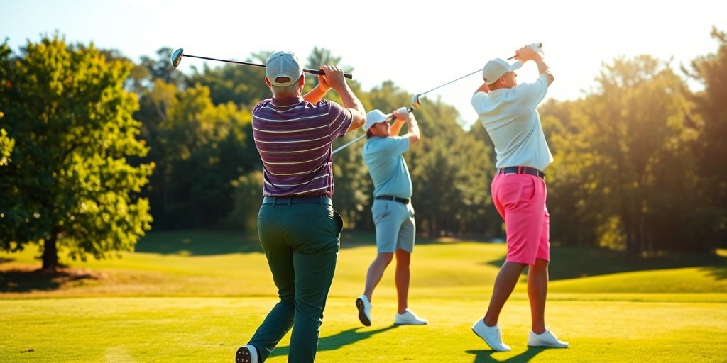Golfers with new clubs on a sunny course.