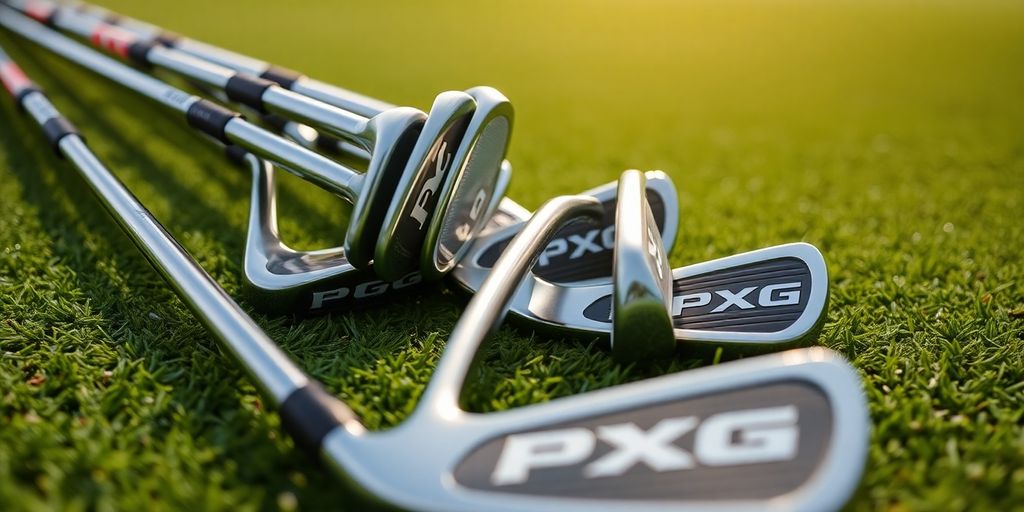 PXG golf irons arranged neatly on a green fairway.