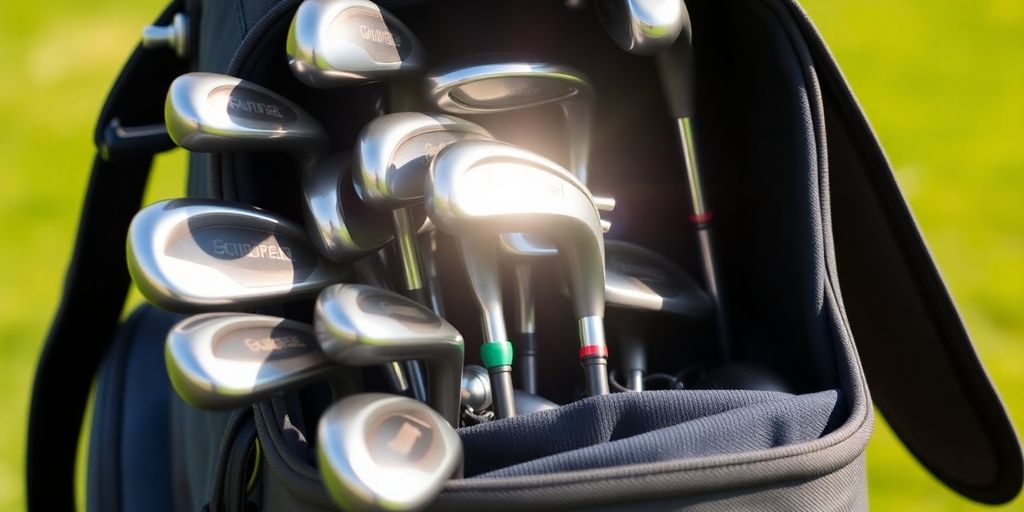 Golf bag with clubs neatly arranged.
