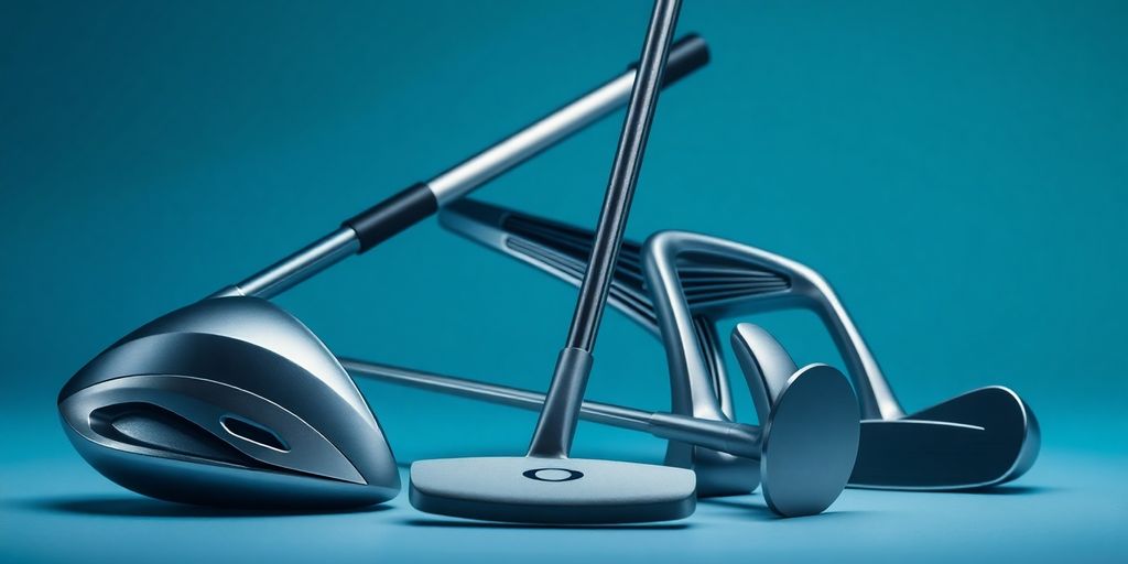 Golf club set with driver, irons, and putter.