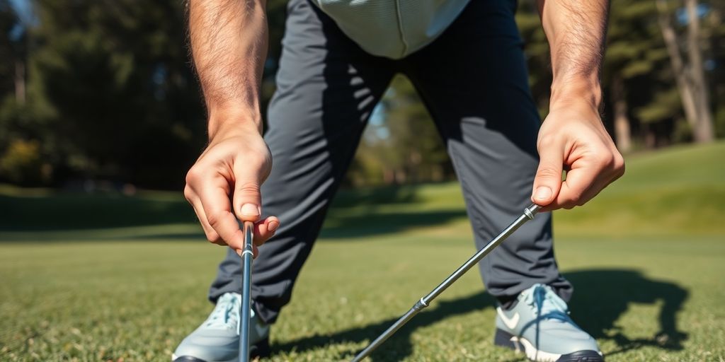 Golfer practicing swing with alignment sticks.