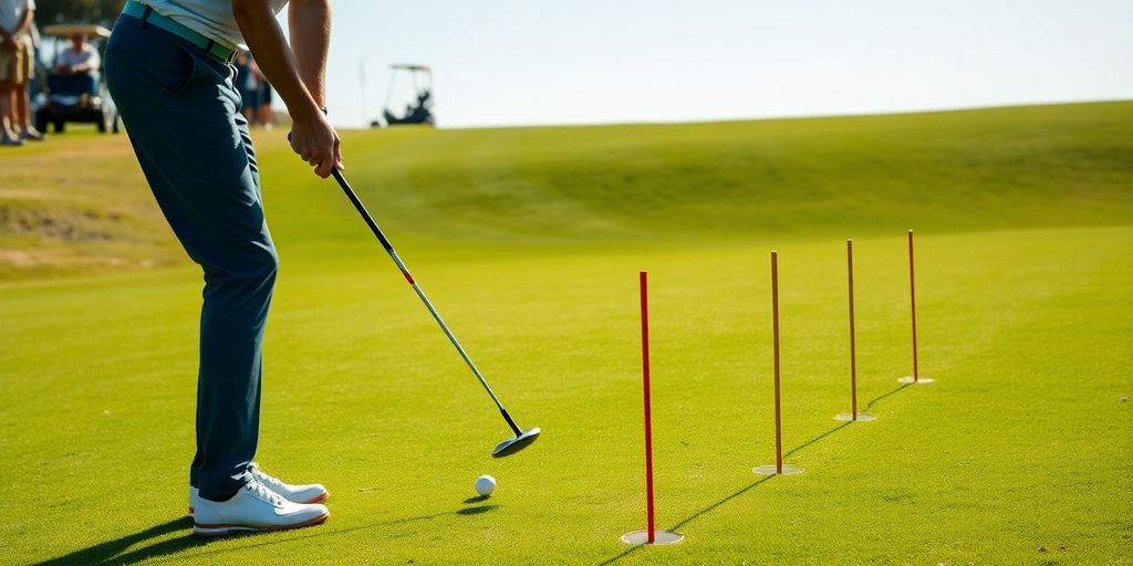 Golfer practicing with alignment sticks on a green.