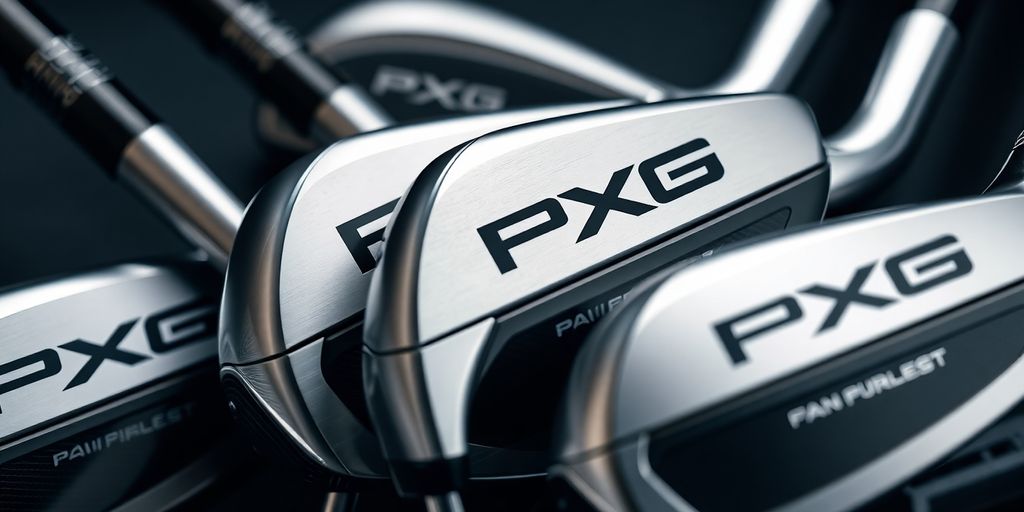 PXG golf clubs arranged artistically.