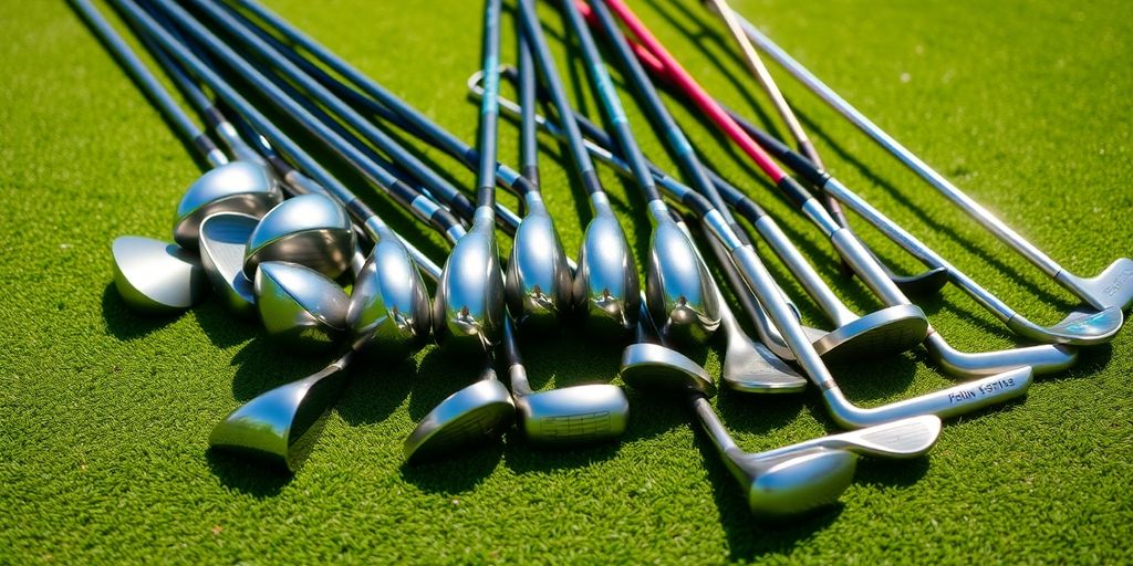 Golf clubs arranged artfully on a green fairway.