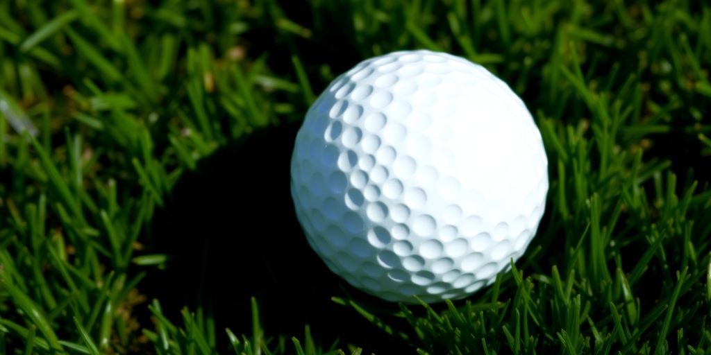 Golf ball with dimples on a green course.