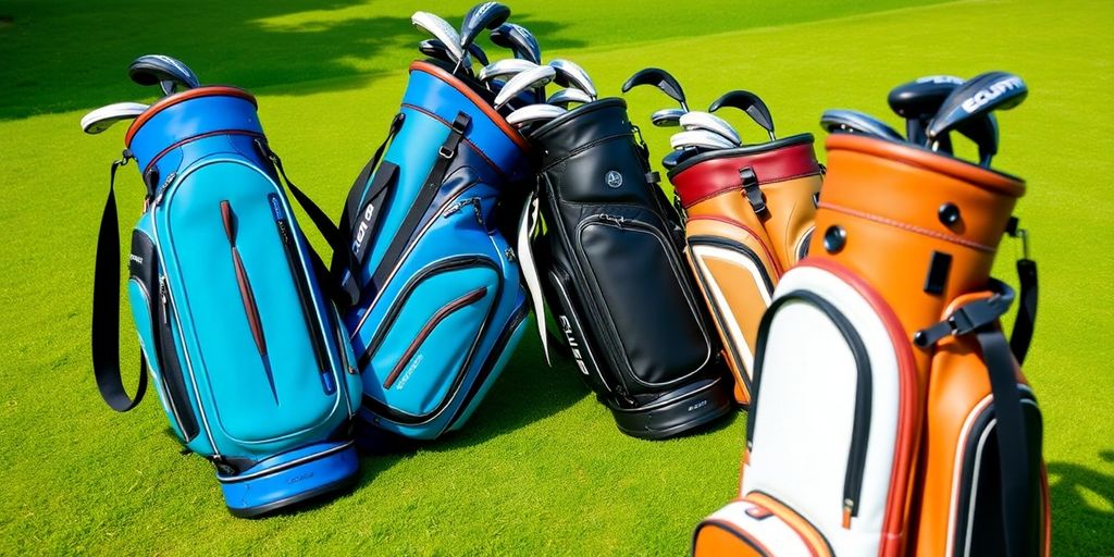Collection of premium golf bags on a green course.