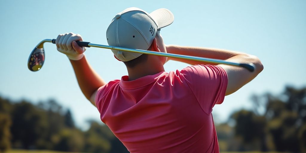 Golfer swinging club with powerful motion.