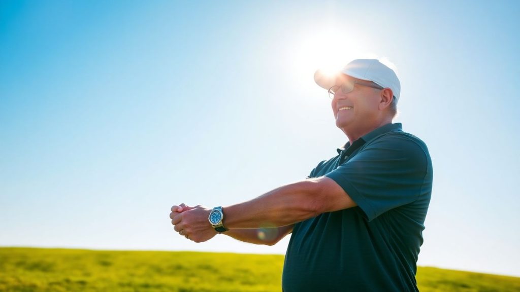 Senior golfer swinging a golf club on a sunny day.