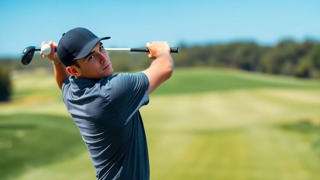Golfer focused on ball during a swing.