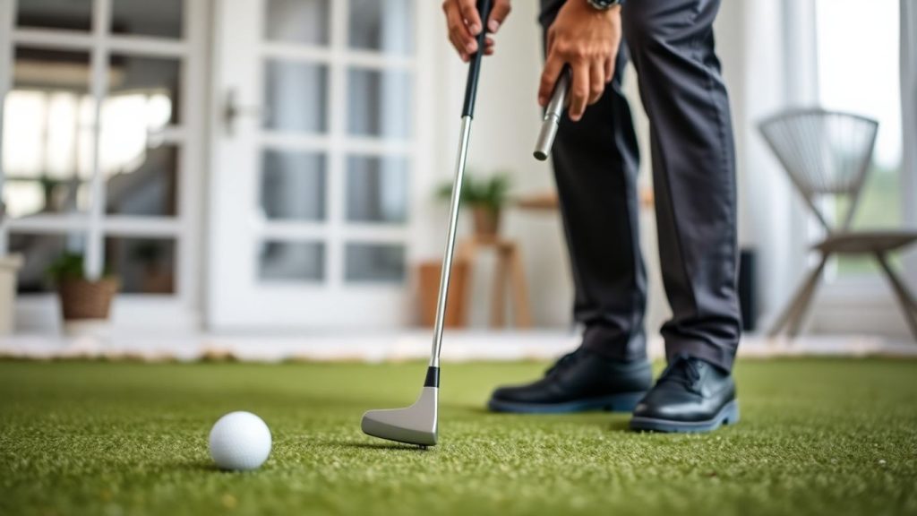 Golfer practicing putting at home