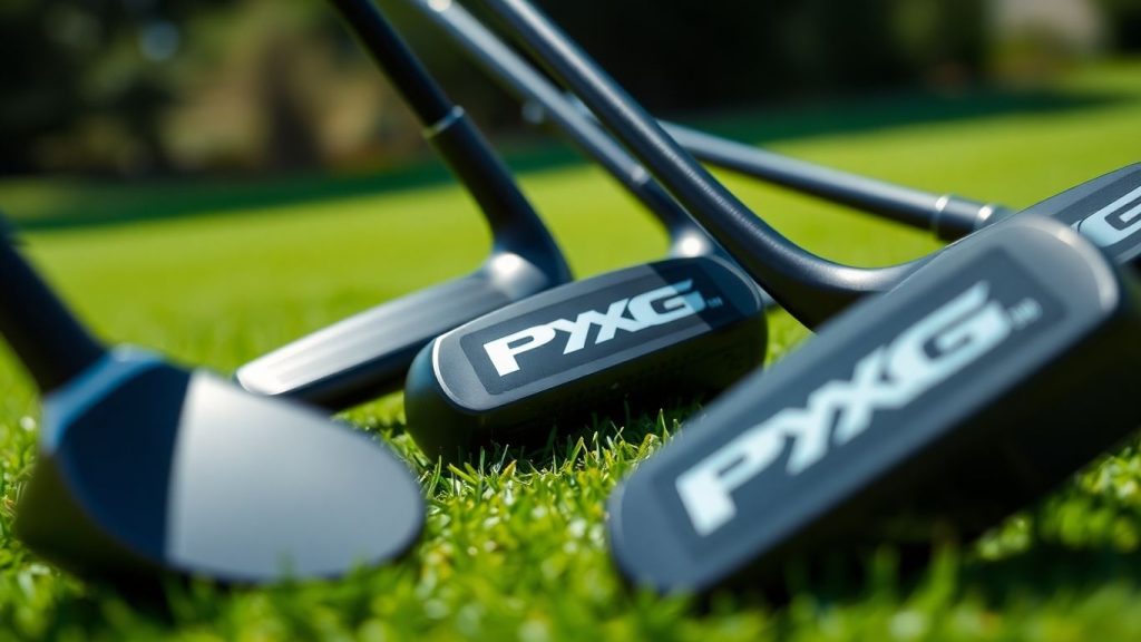Left-handed PXG golf clubs on a green.