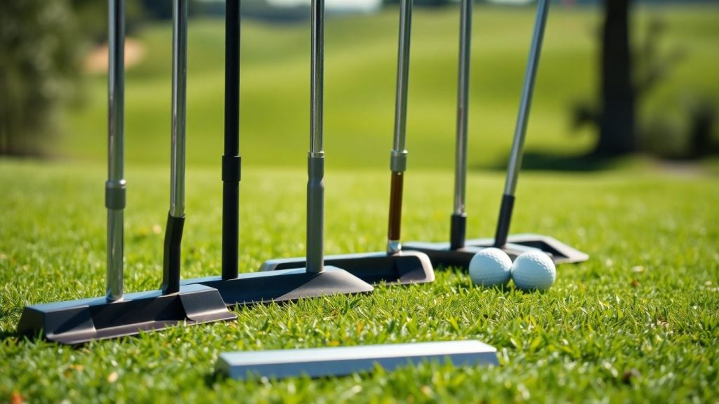 Inexpensive golf putters on grass with golf balls