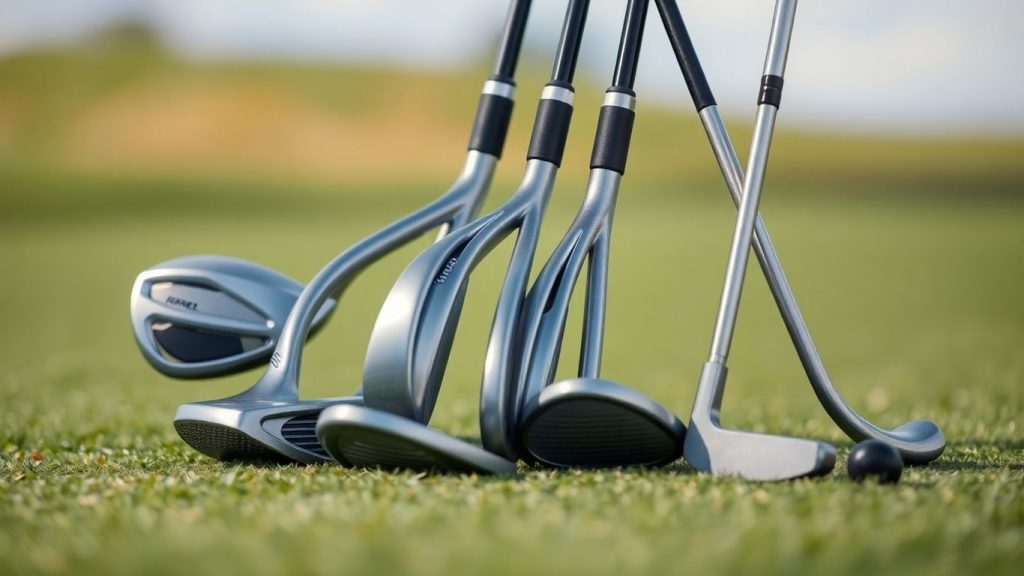 Men's beginner golf club set on a golf course.