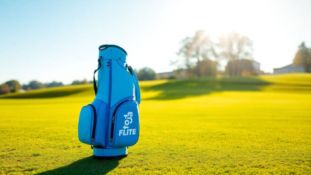 Young golfer's blue Top Flite junior golf bag on green grass.