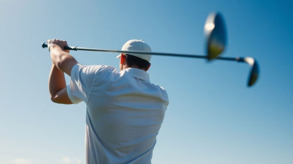 Golfer's powerful swing motion, club a blur of speed.