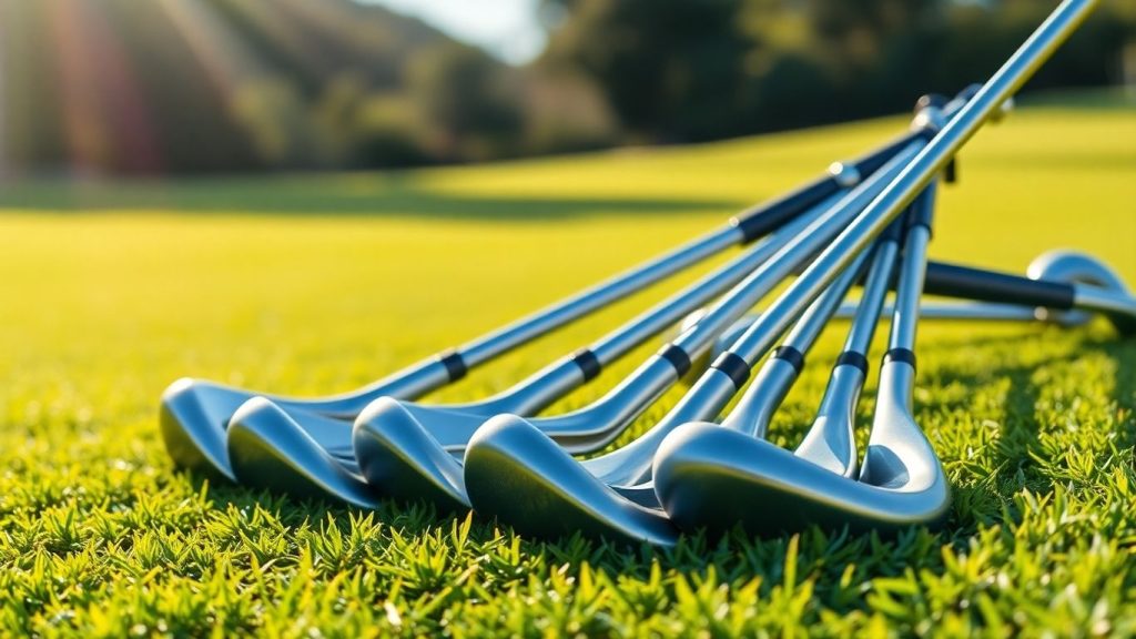 Beginner golf club sets on a sunny golf course.